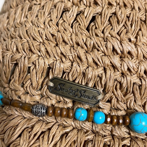 Sun ‘n’ Sand Tan Braided Straw floppy Hat With Turquoise Beaded Ribbon One Size - Picture 7 of 9